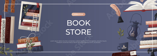 Promo banner with stack of books, globe, inkwell quill, plant, lantern, ebook. World book day. Bookstore, bookshop, library, book lover, bibliophile, education. Vector for poster, cover, advertising