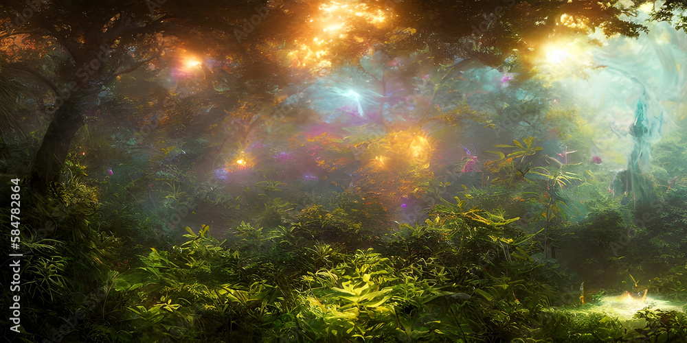 Enchanting Mystical Forest with Glowing Lights - Stock Illustration