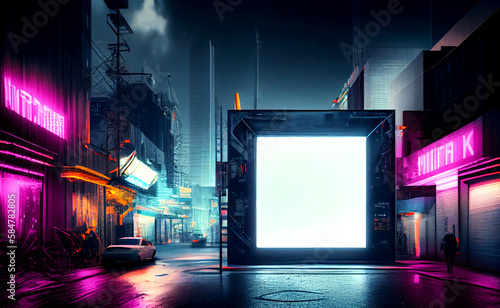 Neon future Illustration sketch of the futuristic city in the style of cyberpunk. Empty street with neon lights and big glowing billboard mockup. Night cityscape. Generative ai.