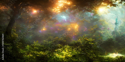 Enchanting Mystical Forest with Glowing Lights - Stock Illustration