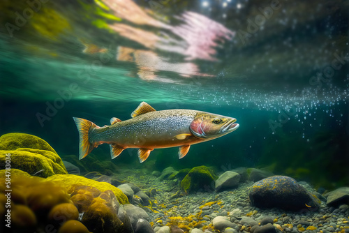Rainbow trout swims in the water column in a mountain river. Wild fish fishing concept. Generative AI illustration