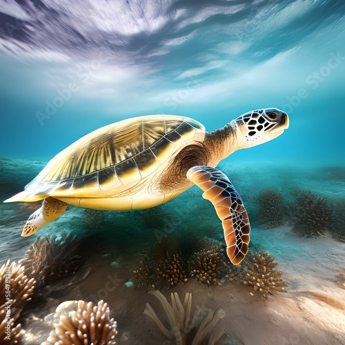 seabed with a sea turtle  genrative ai