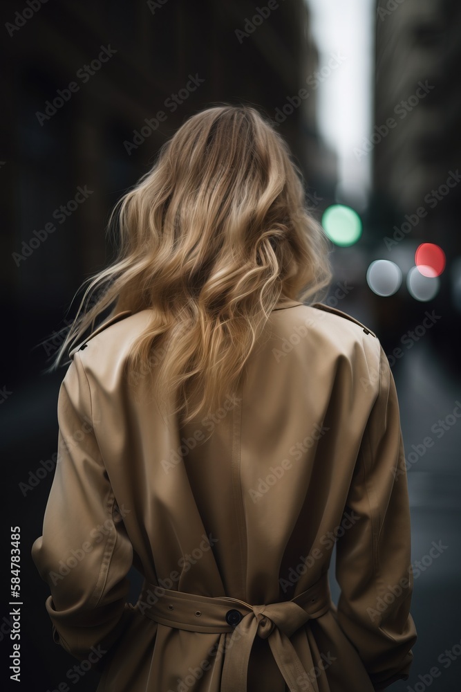 a woman in a trench coat is walking down the street at night with a ...