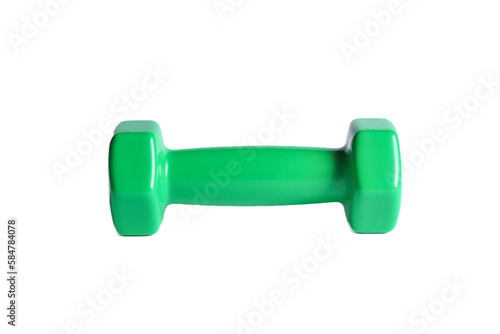 A green vinyl dumbbell isolated on a white background. The weight of one dumbbell is 1 kg.