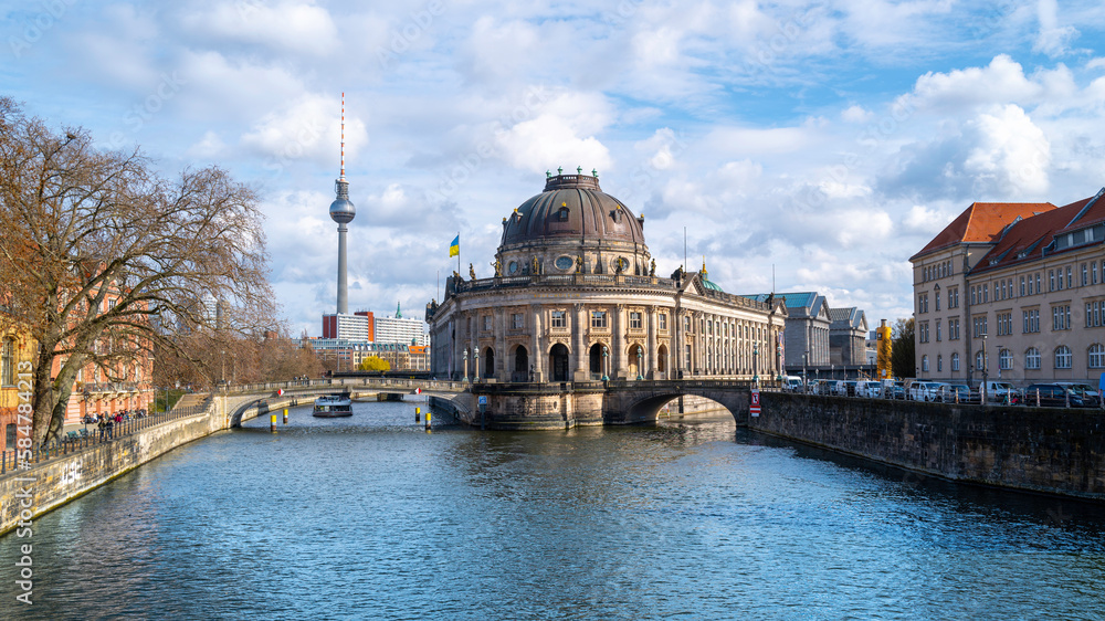 Berlin city skyline, buildings, TV Tower, and Berlin Cathedral Dome Museum over the Spree River in the Capital of Germany