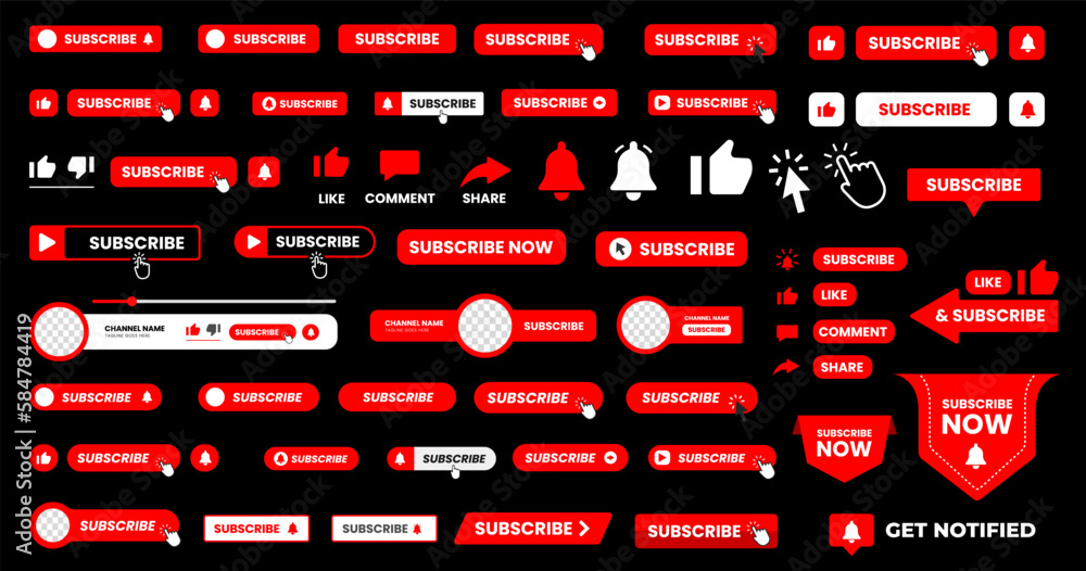 set of big mega collection youtube Subscribe button with hand click icon. Subscribe, bell button and hand cursor bundle. Red button subscribe to channel, blog. Social media background. - obrazy, fototapety, plakaty 