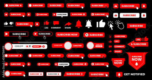 set of big mega collection youtube Subscribe button with hand click icon. Subscribe, bell button and hand cursor bundle. Red button subscribe to channel, blog. Social media background. photo