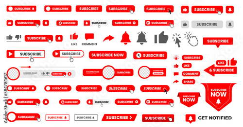 set of big mega collection youtube Subscribe button with hand click icon. Subscribe, bell button and hand cursor bundle. Red button subscribe to channel, blog. Social media background.