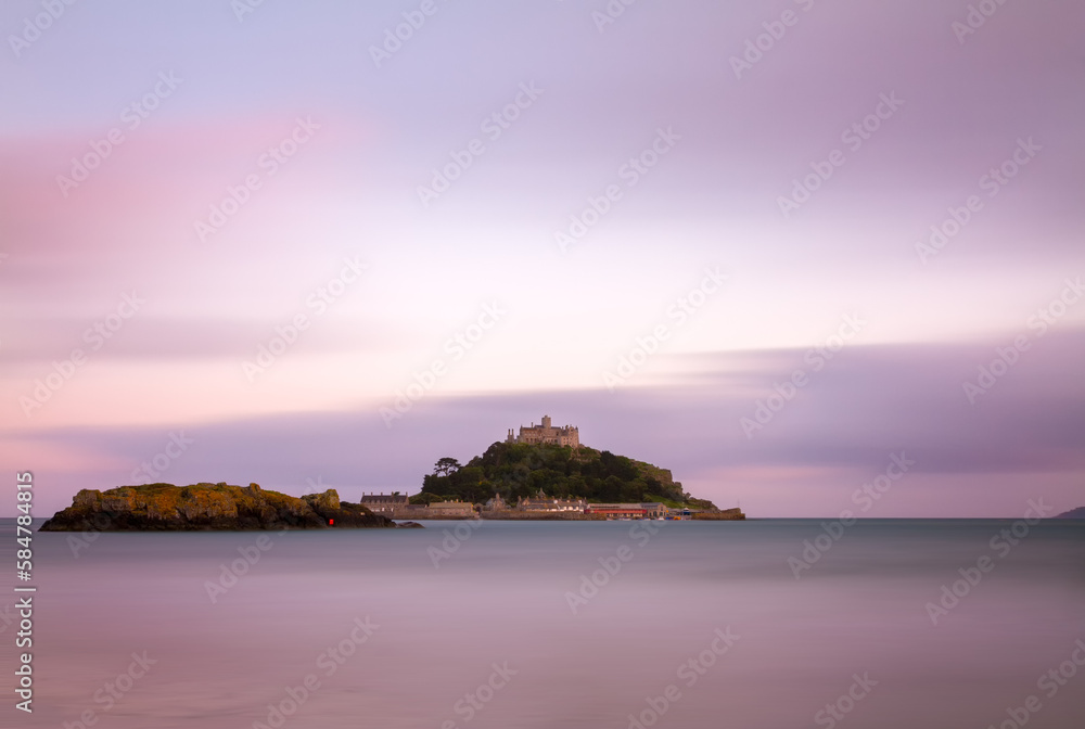 St. Michaels Mount at dusk with violett skies, Cornwall, England