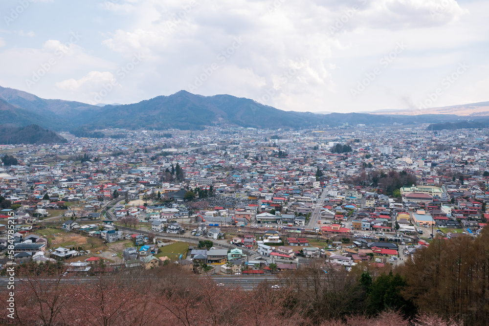 View of the city of Kofu, Yamanashi, Japan downtown city skyline from the mountain