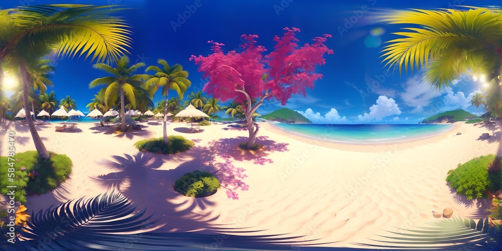 Photo of a scenic tropical beach with swaying palm trees