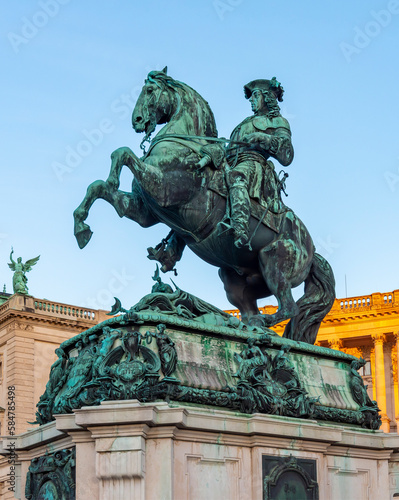 Statue of Prince Eugene in front of Hofburg palace on Heldenplatz square, center of Vienna, Austria