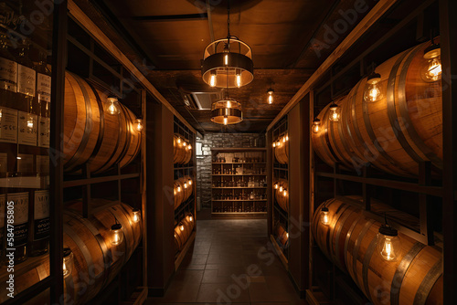 a tunnel with barrels and a light hanging from the ceiling and a light fixture above it that is lit up above the barrels are wine bottles and wine glasses on the shelves in the bottom, generative AI