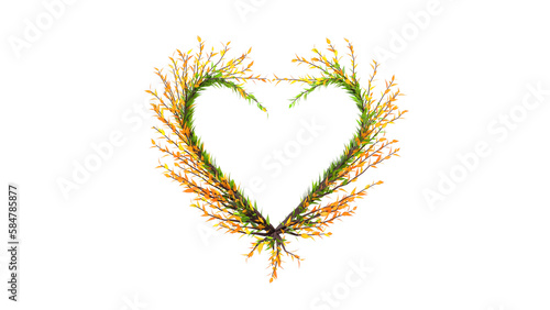 Tree in a shape of Heart. Seasonal tree with green and yellow leaves. 3D rendering.
