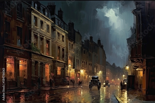 Old European city street landscape, night city in the rain painting, historical cityscape, London street of 19th century, generative AI © Kien