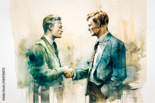 watercolor picture of two businessmen, dressed in sharp suits, are depicted shaking hands with a confident smile on their faces. Generated AI