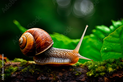 Macro shot of snail crawling creeping in wild nature forest background. Generation AI