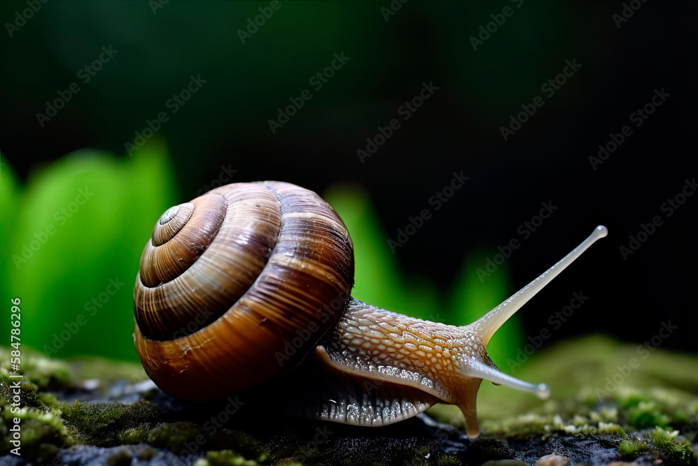 Macro shot of snail crawling creeping in wild nature forest background. Generation AI Macro shot of snail crawling creeping in wild nature forest background. Generation AI