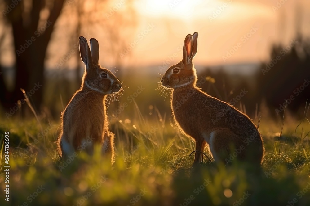 Zwei Feld Hasen sitzen auf einem Feld mit hohen Rasen beim