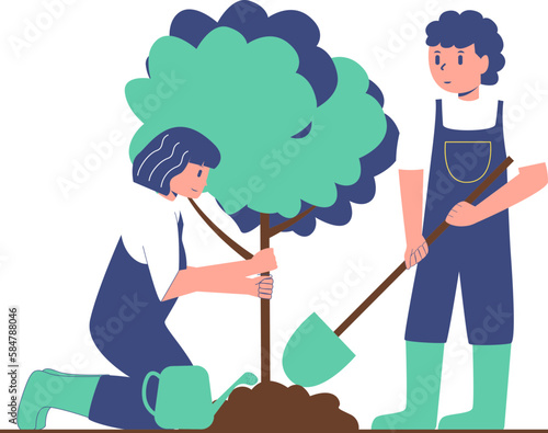 a boy and a girl wearing white shirts and aprons are planting plants to help reduce air pollution and green the earth.
