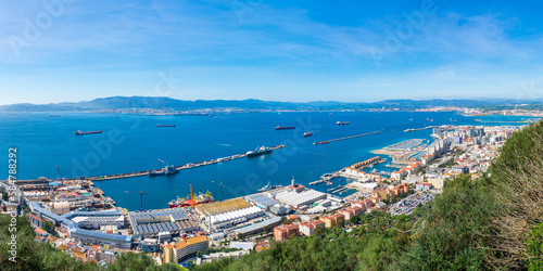 Panoramic view over Gibraltar - a British Overseas Territory, and Spain across Bay of Gibraltar