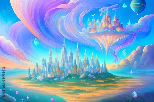 A floating city made of crystal and light, surrounded by clouds and sky Generative AI
