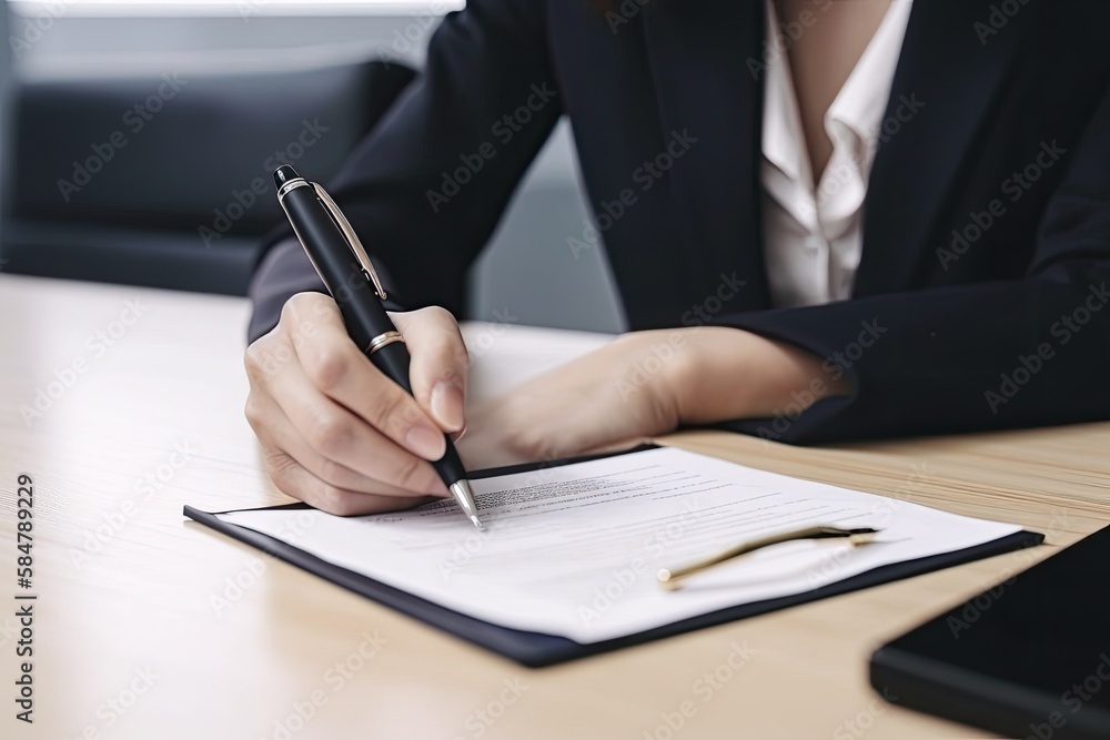 Businesswoman signing business contract with a pen on table at office - Generative AI Businesswoman signing business contract with a pen on table at office - Generative AI