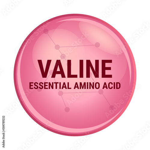 Vector icon of valine. Essential amino acid with the abbreviation Val. Red molecule isolated on a white background. V amino acid used in the biosynthesis of proteins. Food and nutrition concept.