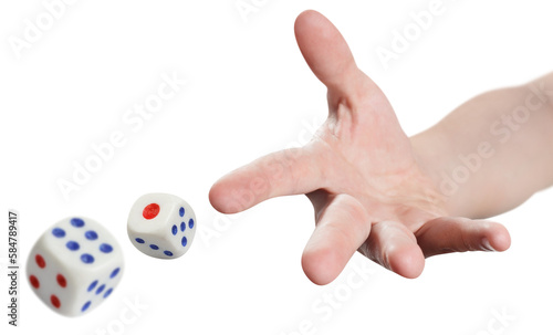 Foto The dice game: hand throwing game cubes, cut out