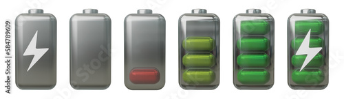 Realistic battery empty to full charging level.  Battery charge level set on 3D style. Battery indicator icon.