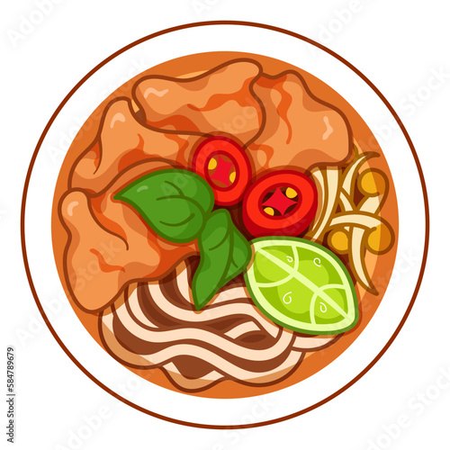 Pho vietnamese noodle soup recipe illustration vector. Asian vietnam noodles soup food icon top view. Pho vietnamese noodles soup with pork top view cartoon. Vietnam food menu icon vector.