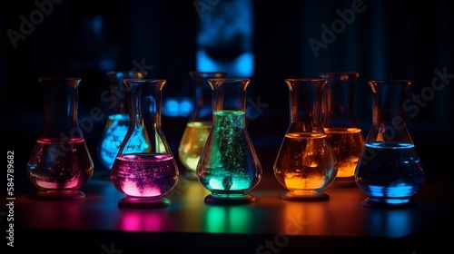 Experimental flasks filled with luminous liquid Generative AI