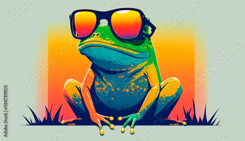 frog wearing sunglasses vintage 60s sunset vector illustration gradient flat color, the image was created with the help of artificial intelligence. photo