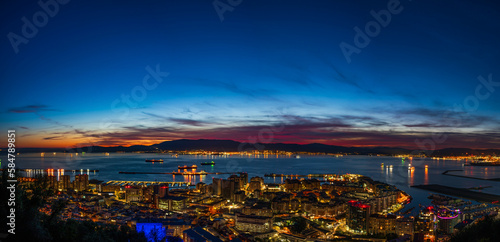Sunset view over Gibraltar - a British Overseas Territory, and Bay of Gibraltar