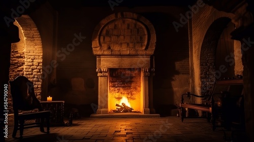 Fireplace with burning fire Generative AI