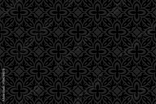 Embossed ethnic black background, cover design. Geometric vintage 3D drawing, press paper, leather. Motives of the East, Asia, India, Mexico, Aztecs, Peru. Dudling, boho, art deco, handmade style.