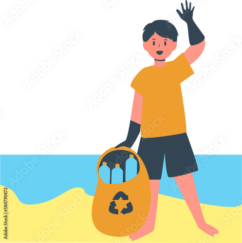 a guy wearing a yellow shirt carrying a yellow bag to clean up trash in the sea to keep the environment clean
