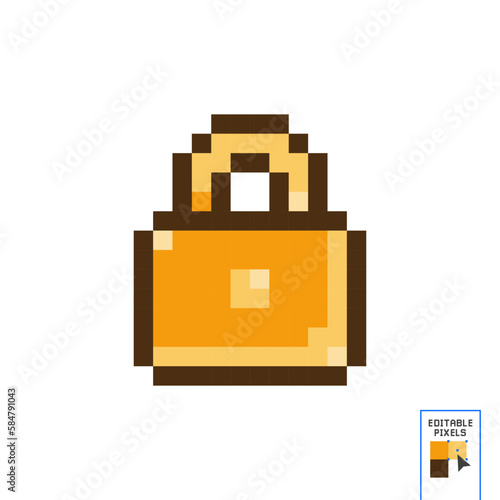 Pixel art lock. Golden lock sticker, pixel art icon, design for logo, web, mobile app, badges and patches. Isolated on white background vector illustration. Game assets 8-bit sprite.