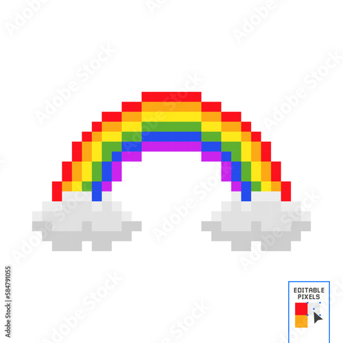 Beautiful pixel rainbow with clouds isolated on a dark blue background. Front view. Vector graphic illustration. Texture. Isolate. Pixel art. 8 bit.