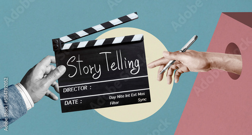 Story telling text title on film slate or movie Clapper board for filmmaker and film industry. Abstract art collage. 