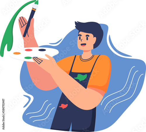 a guy wearing a yellow shirt with a blue apron is standing and holding a painting brush equipped with several colors of paint to paint
