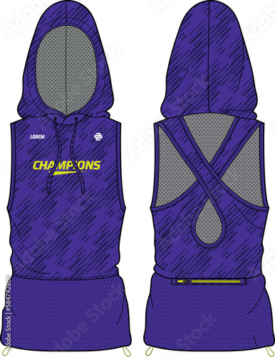 Women Sleeveless hoodie Cross back Tank top vest Sports Jersey t-shirt design flat sketch fashion Illustration suitable for girls and Ladies for running, gym, Volleyball, netball, badminton kit