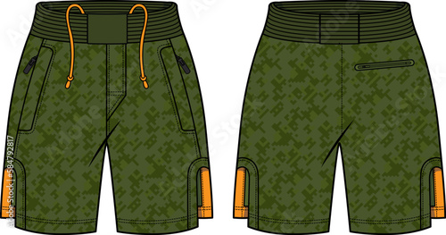 Camouflage Running Shorts jersey design flat sketch vector illustration. Boxing shorts concept with front and back view for Soccer, basketball, Volleyball, Rugby, badminton active wear shorts design.
