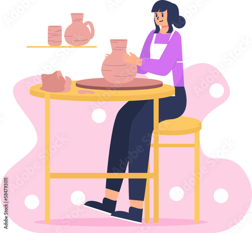 a girl wearing a purple dress is sitting making pots out of craft clay
