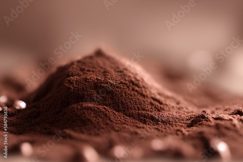Photo en gros plan de poudre de chocolat riche et foncé avec une faible profondeur de champ qui met en valeur sa texture et son arôme photo