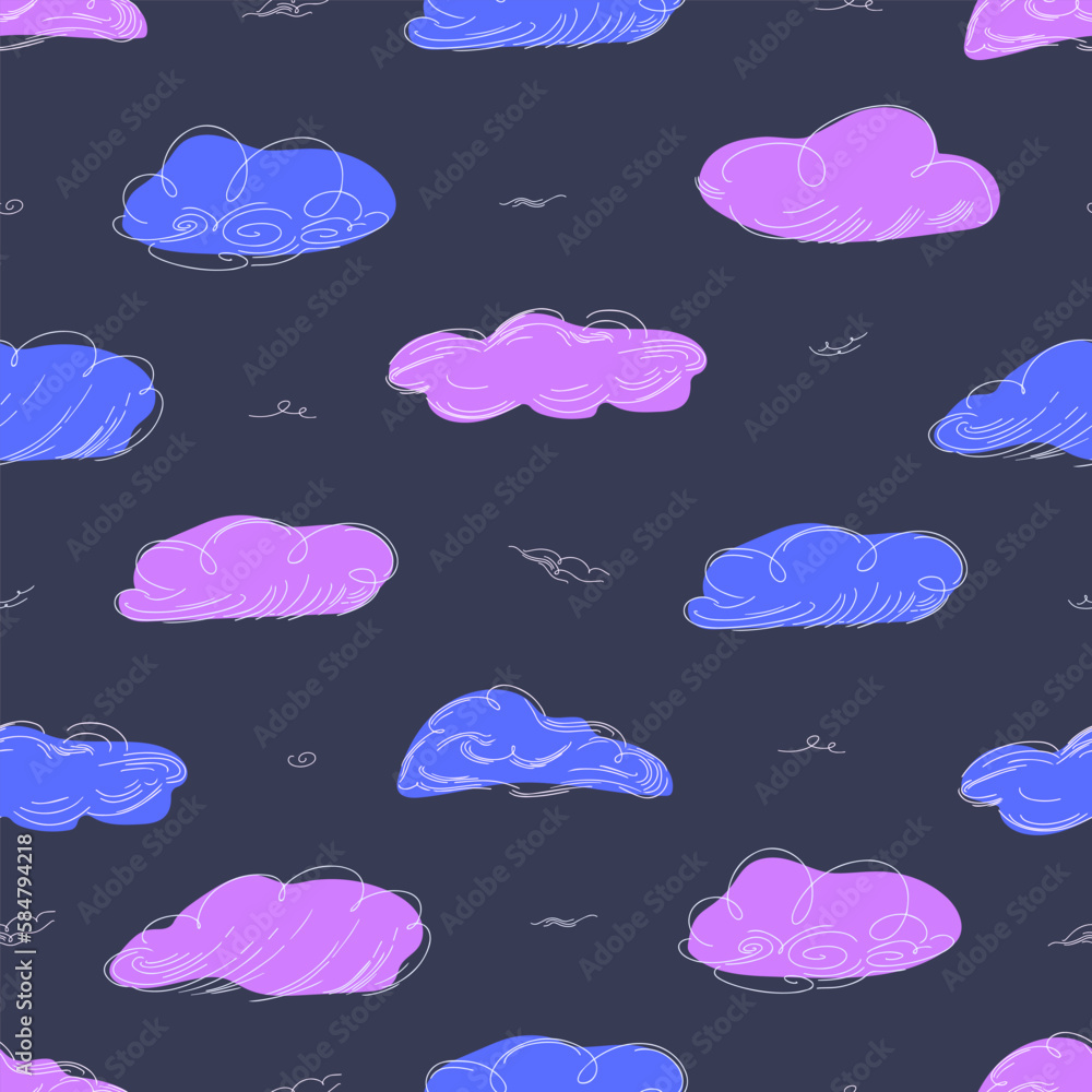 Seamless cloud pattern graphics in trendy style on dark background. - obrazy, fototapety, plakaty 