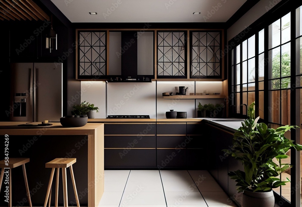 Modern Japanese hardwood kitchen with black and white tones