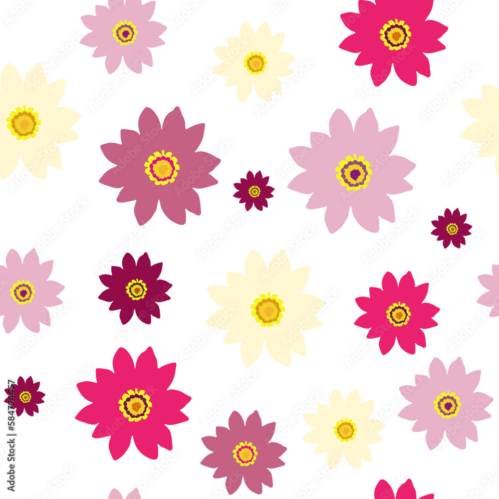 Seamless pattern colorful Gazania on white background. Big and small garden flowers ornament, vector design eps 10