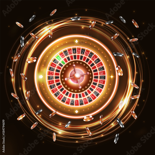Gold shine neon rotate Casino Roulette wheel with poker chips, digital casino element