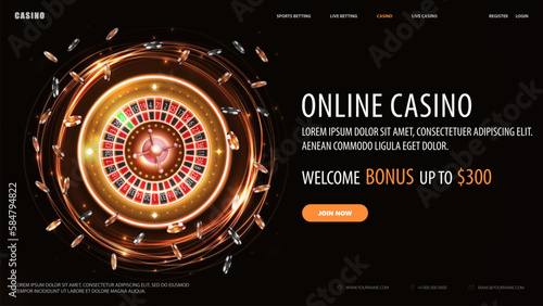 Online casino, black banner with offer, button and gold shine neon rotate Casino Roulette wheel with poker chips